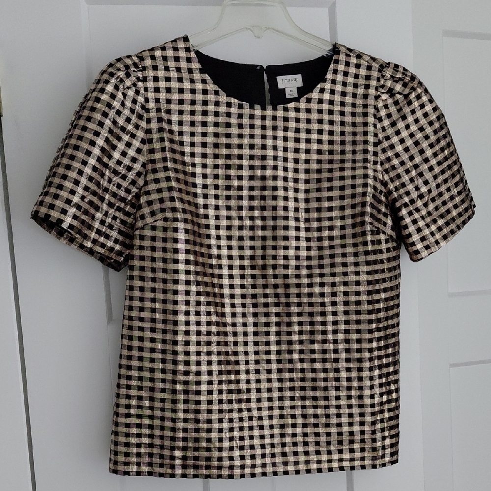J. Crew Women's Black and Cream Plaid Blouse